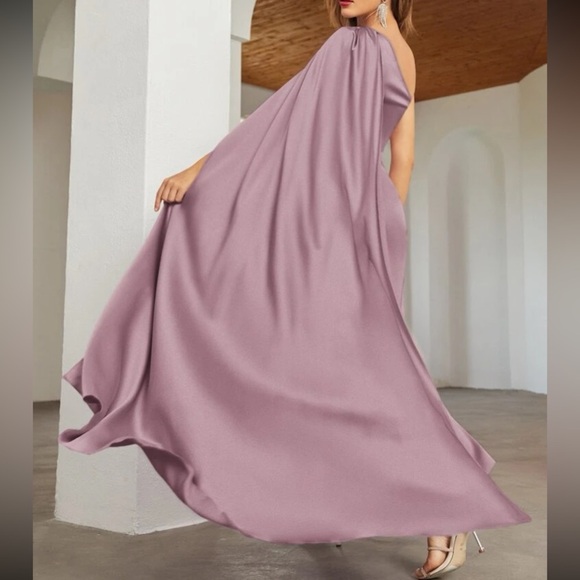 Luxe one shoulder party formal evening wedding prom satin dress - Picture 8 of 16